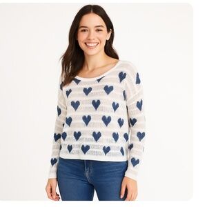 AEROPOSTALE White Blue Hearts Long Sleeve Open Weave Sweater Size Jrs Small